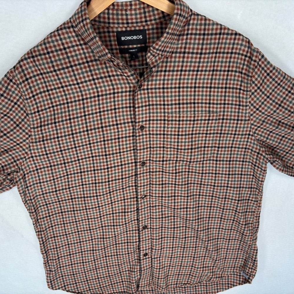Bonobos Mens Standard Fit Short Sleeve Plaid Flannel Shirt Rust Green Large